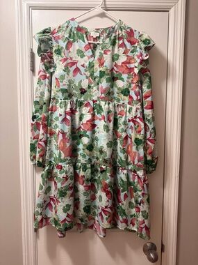 Floral Tiered Ruffle Mini Dress in Green & Pink